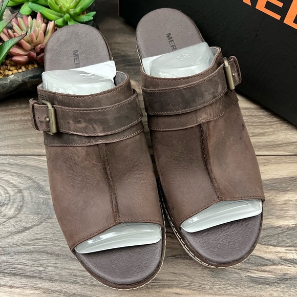 NIB Merrell Halendi Slide Wedge Sandal Full Grain Leather Brown Bracken - Picture 2 of 12